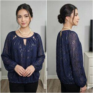 Jennifer Lopez Navy Metallic Snakeskin Burnout Top, Keyhole Blouse Size Medium